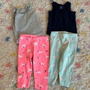 Carters Baby Girl Separates - 2 Unicorn Pants - 2 Ruffled Neck Tank Tops - 9M